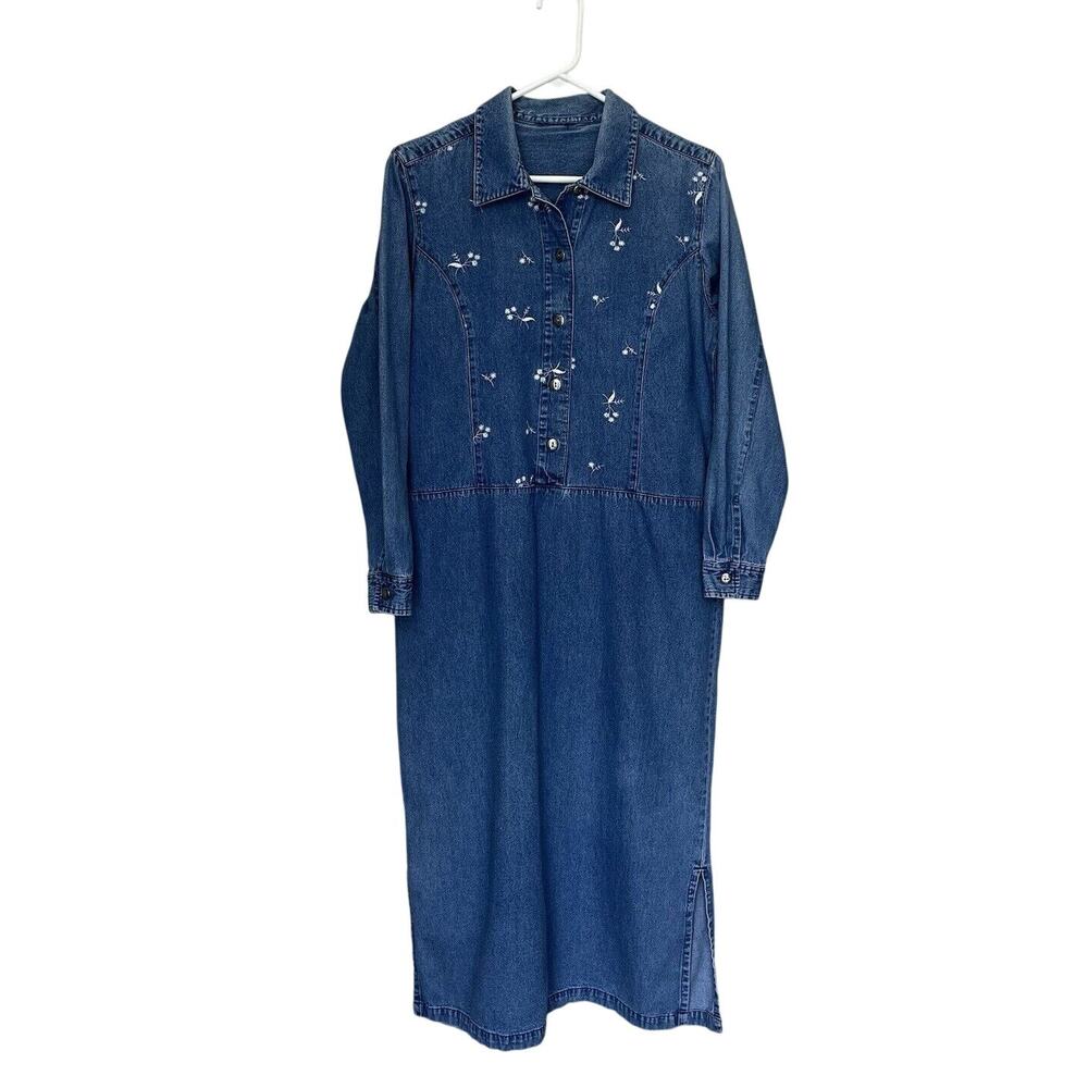 Vintage Y2K Denim Jean Floral Embroidered Long Sleeve Buttoned Maxi Dress Medium